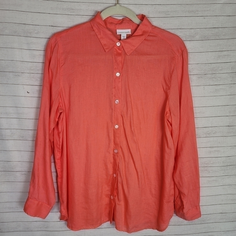 J.JILL 100% LINEN CORAL ORANGE LONG SLEEVE BUTTON DOWN, SZ SMALL